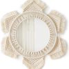 Mkono Hanging Wall Mirror with Macrame Fringe Round Boho Mirror Art Decor, Ivory