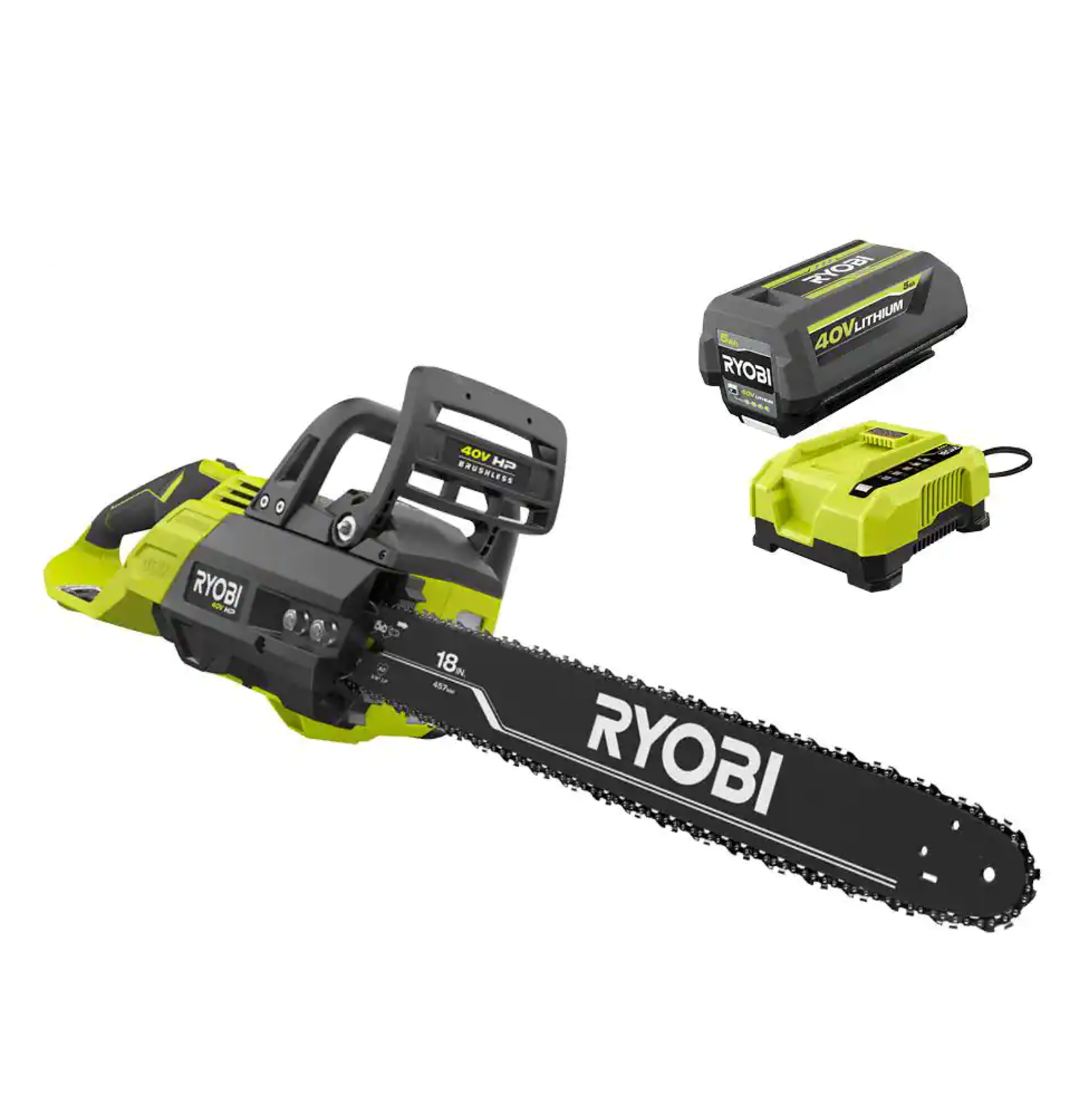 RYOBI RY40580 40V HP Brushless 18 in. Cordless Battery Chainsaw with 5. ...