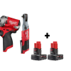 Milwaukee 2554-20-2557-20-48-11-2412 M12 FUEL 12V Lithium-Ion Brushless Cordless Stubby 3/8 in. Impact Wrench & 3/8 in. Ratchet with two 3.0 Ah Batteries