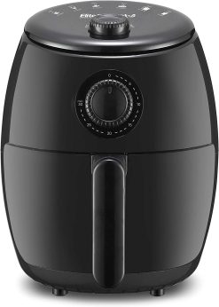 Elite Gourmet EAF-0201 Personal 2.1 Qt. Compact Space Saving Electric Hot Air Fryer Oil-Less Healthy Cooker, Timer & Temperature Controls, PFOA PTFE Free, 1000W, Quart Analog, Black
