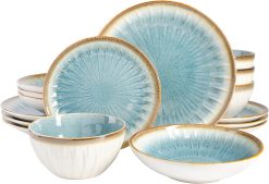 Gibson Elite Mayfair Bay Embossed Double Bowl Dinnerware Set, Service for 4 (16pcs), Blue