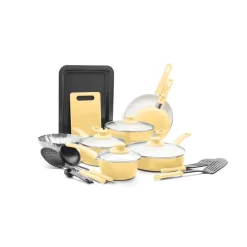 GreenLife 18-Piece Soft Grip Toxin-Free Healthy Ceramic Non-Stick Cookware Set, Yellow, Dishwasher Safe