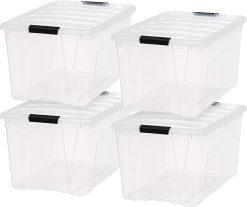 IRIS USA 72 Qt. Plastic Storage Bin Tote Organizing Container with Durable Lid and Secure Latching Buckles, Stackable and Nestable, 4 Pack, clear with Black Buckle