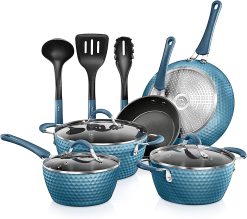 NutriChef Nonstick Cookware Excilon Home Kitchen Ware Pots & Pan Set with Saucepan, Frying Pans, Cooking Pots, Lids, Utensil PTFE PFOA PFOS Free, 11 Pcs, Royal Blue
