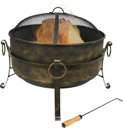 Sunnydaze Outdoor Cauldron Fire Pit - 24-Inch Backyard & Patio Wood-Burning Fire Pit for Outside with Round Spark Screen, Fireplace Poker, and Metal Grate