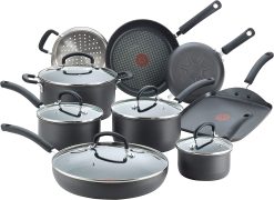 T-fal E765SEFA Ultimate Hard Anodized Nonstick 14 Piece Cookware Set, Dishwasher Safe Pots and Pans Set, Black