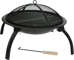 Fire Sense 60873 Fire Pit Portable Folding Round Steel with Folding Legs Wood Burning Lightweight Included Carrying Bag & Screen Lift Tool - Black - 22"