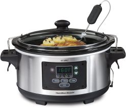 Hamilton Beach Portable 6-Quart Set & Forget Digital Programmable Slow Cooker with Lid Lock, Temperature Probe, Stainless Steel