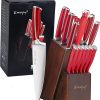 Knife Set, Emojoy 15 Piece Kitchen Knife Set with Block Wooden, German Stainless Steel Sharp Chef Knife Set with Sharpener, dishwasher safe and rust proof, Red