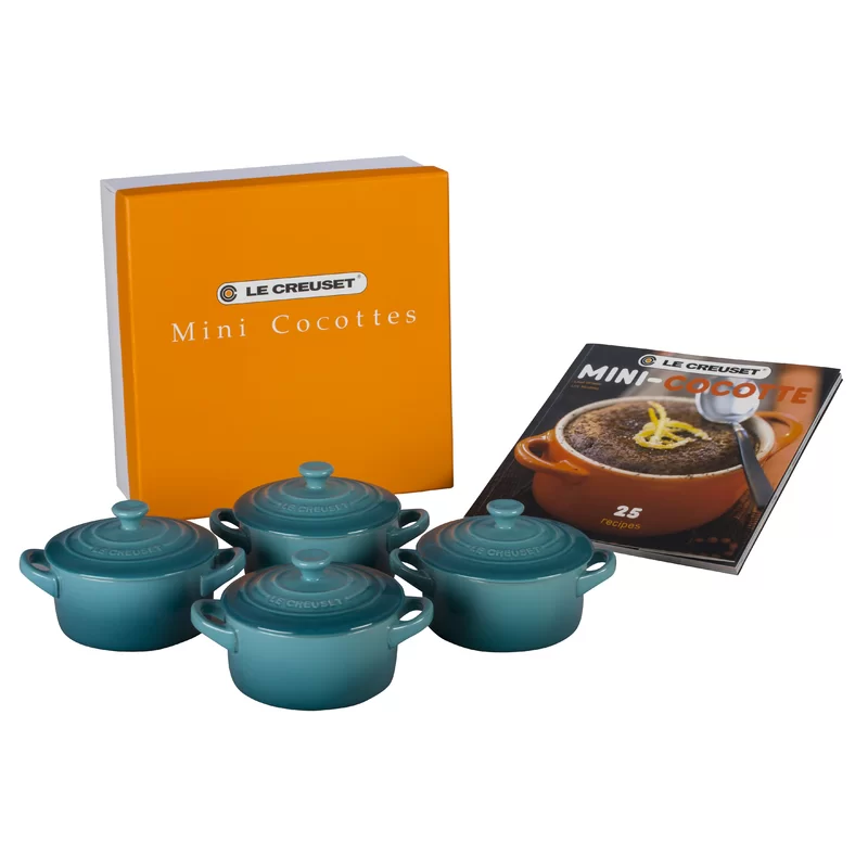 Le Creuset Stoneware Set of 4 Mini Cocottes with Cookbook, 8 oz. each, Caribbean, PG1164CB-0817 Le Creuset Stoneware Set of 4 Mini Cocottes with Cookbook, 8 oz. each, Caribbean, PG1164CB-0817