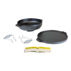 Lodge L14CIA Cast Iron Cook-It-All Kit. Five-Piece Cast Iron Set includes a Reversible Grill/Griddle 14 Inch, 6.8 Quart Bottom/Wok, Two Heavy Duty Handles, and a Tips & Tricks Booklet.