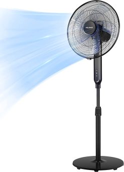 PELONIS 16 Oscillating Pedestal Stand Up Fan Adjustable Height Ultra Quiet DC Motor Remote Control 12 Speed 12-Hour Timer High Energy Efficiency for Bedroom Home Office Use Black