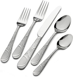 Pfaltzgraff Garland Frost 53-Piece Stainless Steel Flatware Serving Utensil Set and Steak Knives, Service for 8