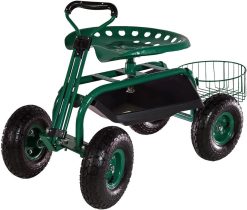 Sunnydaze Garden Cart Rolling Scooter with Extendable Steer Handle, Swivel Seat & Utility Tool Tray, Green