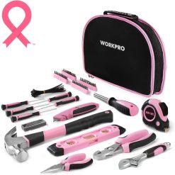 WORKPRO W009012A Pink Tool Kit - Hand Tool Set with Easy Carrying Round Pouch - Durable, Long Lasting Chrome Finish Tools - Perfect for DIY, Home Maintenance - Pink Ribbon