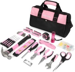 WORKPRO W009062A Pink Tool Kit, Home Repairing Tool Set with Wide Mouth Open Storage Bag, Household Tool Kit - Pink Ribbon