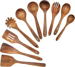 BOKALAKA Wooden Spoons for Cooking,10 Pcs Natural Teak Wooden Kitchen Utensils Set Wooden Utensils for Cooking Wooden Cooking Utensils Wooden Spatulas for Cooking