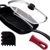 Cuisinel Cast Iron Square Grill Pan with Glass Lid - 10.5 Inch Pre-Seasoned Skillet with Handle Cover and Pan Scraper - Grill, Stovetop, Induction Safe - Indoor and Outdoor Use - for Grilling, Frying, Sauteing