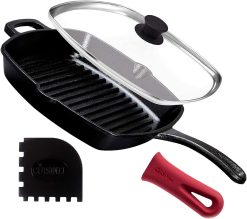 Cuisinel Cast Iron Square Grill Pan with Glass Lid - 10.5 Inch Pre-Seasoned Skillet with Handle Cover and Pan Scraper - Grill, Stovetop, Induction Safe - Indoor and Outdoor Use - for Grilling, Frying, Sauteing