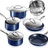 GRANITESTONE 7036 Classic Blue 10-Piece Aluminum Ultra-Durable Non-Stick Diamond Infused Cookware Set with Glass Lids