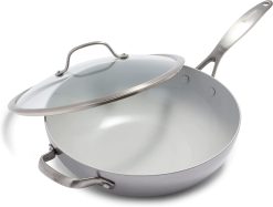 GreenPan Venice Pro Tri-Ply Stainless Steel Healthy Ceramic Nonstick 12" Wok Pan with Helper Handle and Lid, PFAS-Free, Multi Clad, Induction, Dishwasher Safe, Oven Safe, Silver ( CC002258-001)
