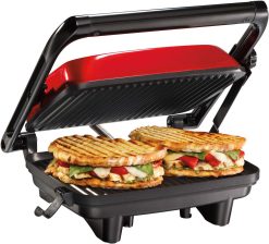 Hamilton Beach Electric Panini Press Grill with Locking Lid, Opens 180 Degrees for Any Sandwich Thickness, Nonstick 8" X 10" Grids, Red (25462Z)