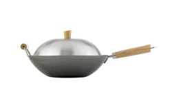Helen's Asian Kitchen Helen Chen's Asian Kitchen Flat Bottom Wok, Carbon Steel with Lid and Stir Fry Spatula, Recipes Included, 13.5-inch, 4 Piece Set, 13.5 Inch, Silver/Gray/Natural