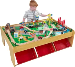 KidKraft Waterfall Mountain Wooden Train Set & Table with 120 Pieces, 3 Storage Bins