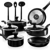 NutriChef 13-Piece Nonstick Cookware PTFE/PFOA/PFOS Free Heat Resistant Kitchen Ware Set w/Saucepan, Frying Pans, Cooking Pots, Casserole, Lids, Ladle, Fork, Strainer NCCWA13, Black