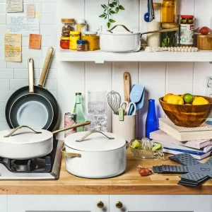 Beautiful 12pc Ceramic Non-Stick Cookware Set, White Icing, by Drew Barrymore