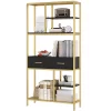 Homfa 5-tier Iron Bookcase with 2 Drawers, Industrial Tall Bookshelf with 7 open storage shelves, Free Standing Display shelf with Metal Frame, Black Gold