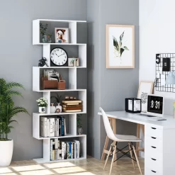 Homfa Geometric Bookcase Wooden Wood S Shape Storage Display Unit Bookcase Bookshelf 6-tier Storage, 75" H x 27.6" W, White