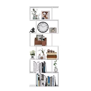 Homfa Geometric Bookcase Wooden Wood S Shape Storage Display Unit Bookcase Bookshelf 6-tier Storage, 75" H x 27.6" W, White
