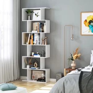 Homfa Geometric Bookcase Wooden Wood S Shape Storage Display Unit Bookcase Bookshelf 6-tier Storage, 75" H x 27.6" W, White