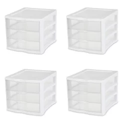 Sterilite 3 Drawer Unit Plastic, White, Set of 4