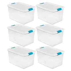 Sterilite 64 Quart Clear Plastic Storage Bin with White Latch Lid, 6 Pack