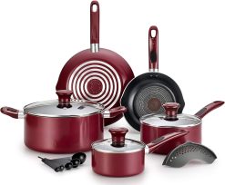 T-fal Excite ProGlide Nonstick Thermo-Spot Heat Indicator Dishwasher Oven Safe Cookware Set, 14-Piece, Red