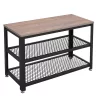 Benjara Vintage Wood and Metal Shoe Rack with 2 Mesh Shelves, Black and Brown