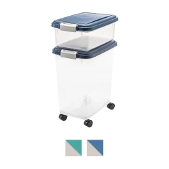 IRIS USA 2-Piece WeatherPro Airtight Stackable Dog Cat & Bird Food Pet Food Storage Container Combo & Treat Box, Navy, 35-lbs/45-qt