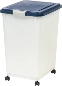 IRIS USA WeatherPro Airtight Dog, Cat, Bird & Other Pet Food Storage Bin Container with Attachable Casters, Navy & Pearl