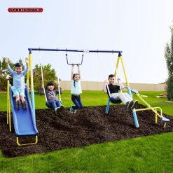 Sportspower Outdoor Super First Metal Swing Set with Trapeze, Teeter-Totter, and 6ft Heavy Duty Slide