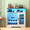 LVSOMT Bar Cabinet with Wine Rack and Glass Holder, LED Sensor Lights Farmhouse Coffee Bar Cabinet for Liquor and Glasses, Sideboard Buffet Cabinet with 2 Shelves 2 Adjustable storage Mesh Door(White)