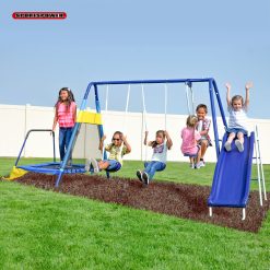 Sportspower Almansor Metal Swing Set with Glide Ride, Trampoline, and Blow-Molded Slide
