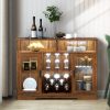 LVSOMT Bar Cabinet with Wine Rack and Glass Holder, LED Sensor Lights Farmhouse Coffee Bar Cabinet for Liquor and Glasses, Sideboard Buffet Cabinet with 2 Shelves 4 Adjustable storage Mesh Door(Brown)