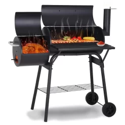 SKONYON Outdoor Portable BBQ Charcoal Grill with Offset Smoker, Black