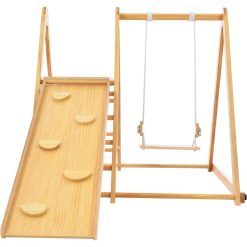 LN20232279 Wood Indoor Swing Set with Rock Climb Ramp for Toddlers