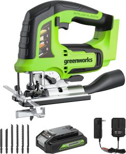 Greenworks 24V Brushless Jig Saw 3,000 SPM 6 Piece Blade Set (4 Wood Blades / 2 Metal) with 2Ah Battery & Adaptor Charger