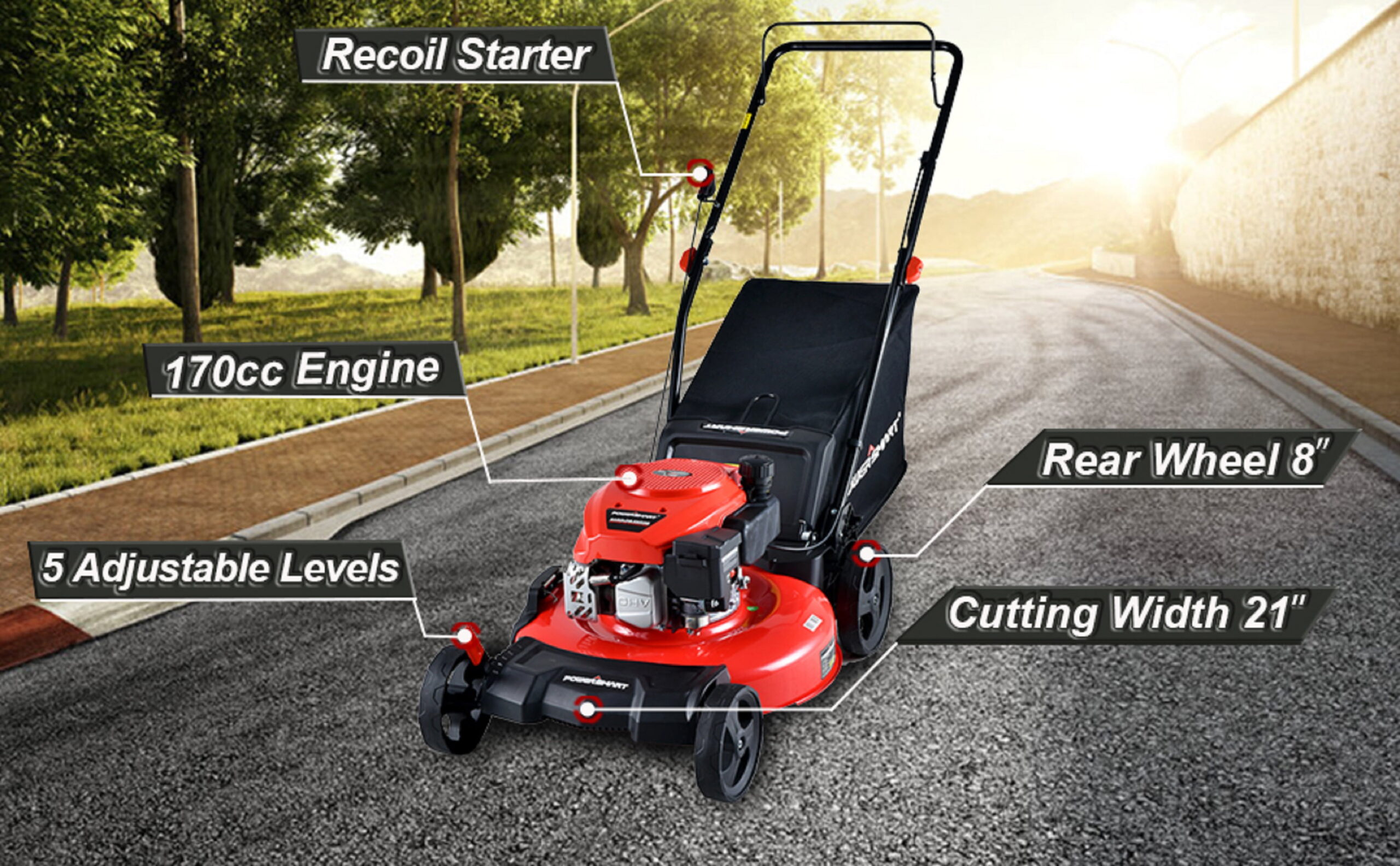 PowerSmart DB2194PR 21" 3-in-1 Gas Push Lawn Mower 170cc With Steel ...