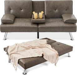 Best Choice Products Faux Leather Upholstered Modern Convertible Folding Futon Sofa Bed for Compact Living Space, Apartment, Dorm, Bonus Room w/Removable Armrests, Metal Legs, 2 Cupholders - Gray