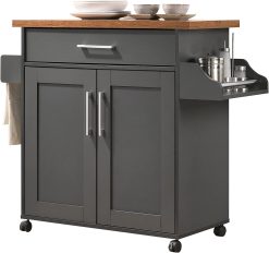Hodedah Kitchen Island with Spice Rack, Towel Rack & Drawer, Grey with Oak Top